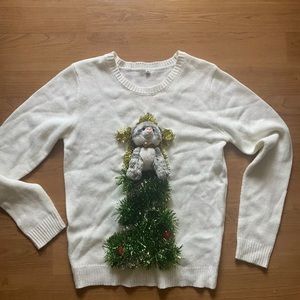 3D Cat on Christmas Tree funny sweater jr size L